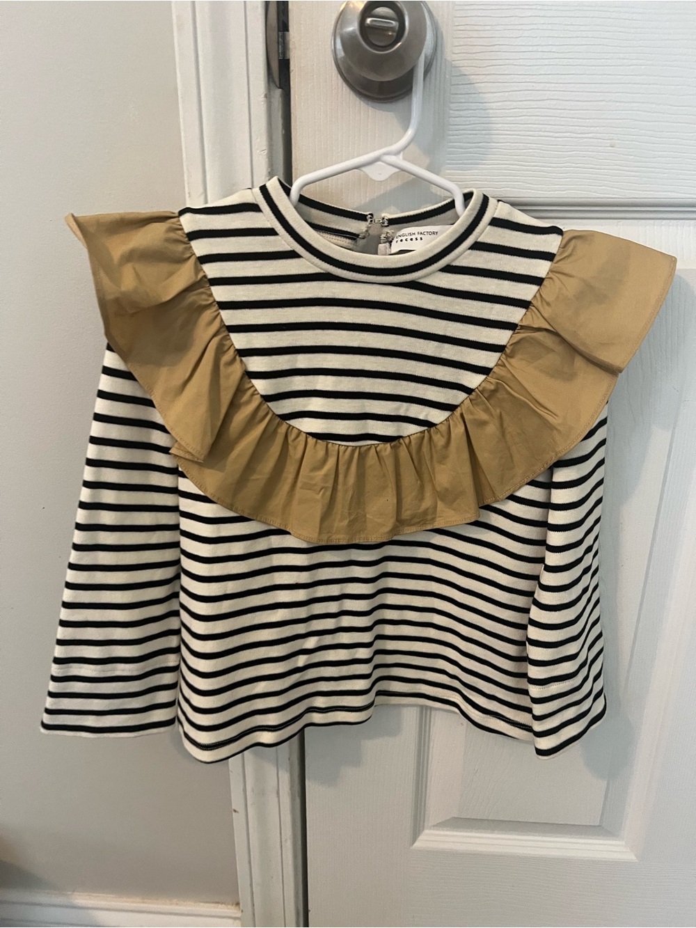 NWOT English Factory Recess Striped Ruffle Shoulder Top - Tan Accent